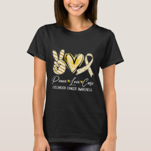 Camiseta Peace Love Cure Dourada Ribbon Chilhood Cancer Awa