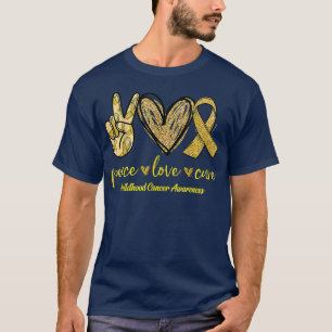 Camiseta Peace Love Cure Dourada Ribbon Chilhood Cancer Awa