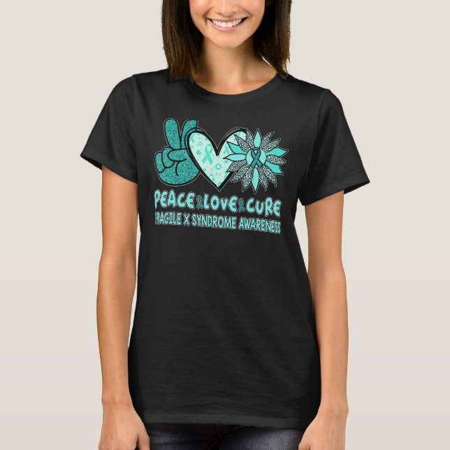 Camiseta Peace Love Cure Fragile X Syndrome Teatral Ribbon  (Frente)