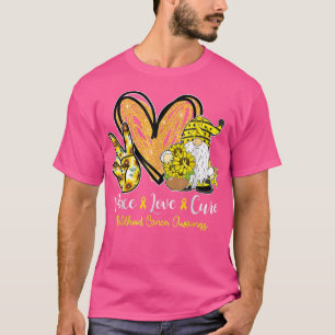 Camiseta Peace Love Cure Gnome Dourado Ribbon Chilhood Canc