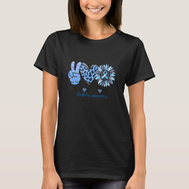 Camiseta Peace Love Cure Leopard Heart Sunflowers Diabetes  (Frente)