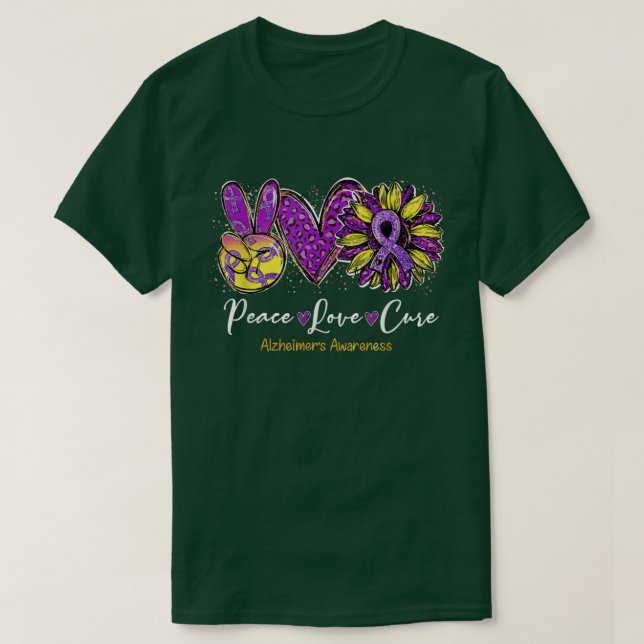 Camiseta Peace Love Cure Leopard Sunflower Alzheimer (Frente do Design)
