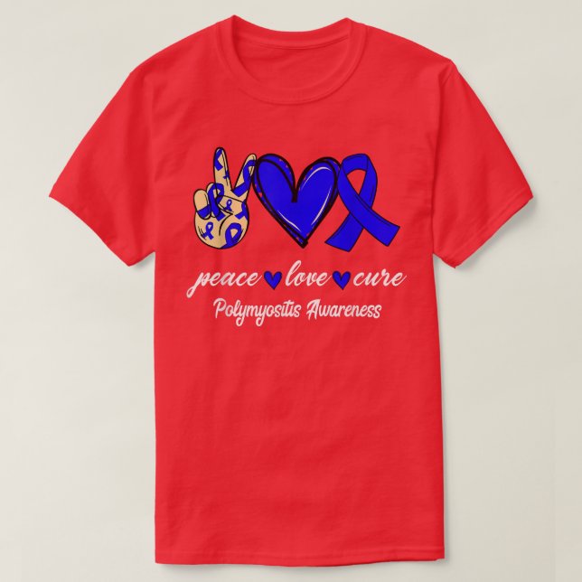 Camiseta Peace Love Cure Polymyositis Blue Ribbon Awareness (Frente do Design)