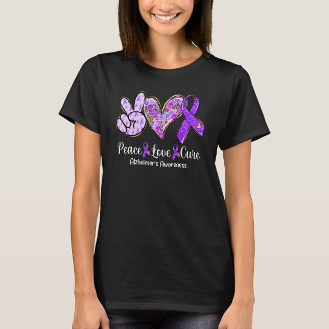 Camiseta Peace Love Cure Purple Ribbon Alzheimer's Awarenes (Frente)
