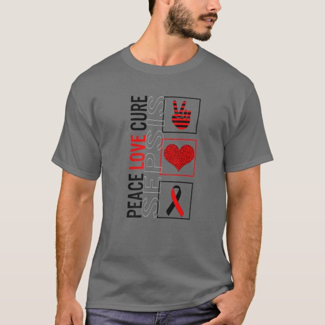 Camiseta Peace Love Cure Sepsis Sensibiliza Ribbon Guerreir (Frente)