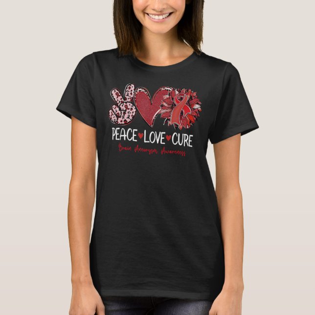 Camiseta Peace Love Cure Sunflower Burgundy Ribbon Brain An (Frente)