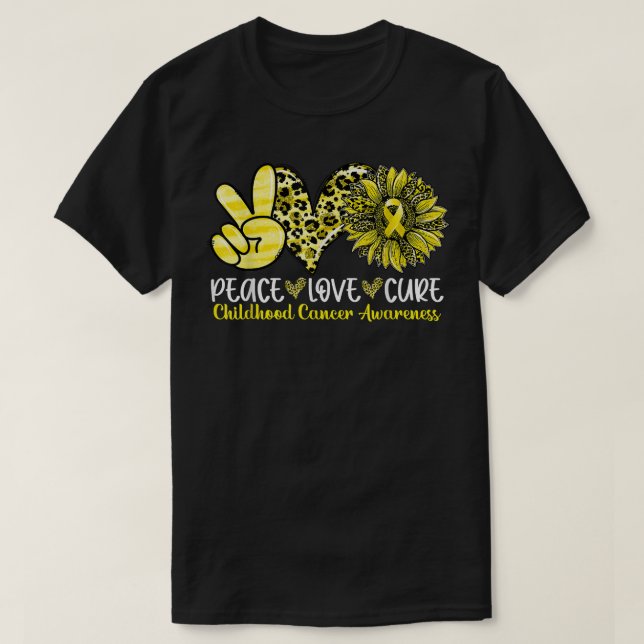 Camiseta Peace Love Cure Sunflower Leopard Cancer infantil (Frente do Design)