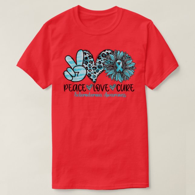 Camiseta Peace Love Cure Sunflower Teto Ribbon Scleroderma (Frente do Design)