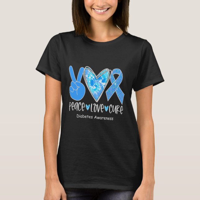 Camiseta Peace Love Cure T1d Diabetes Sensibilização Blue R (Frente)
