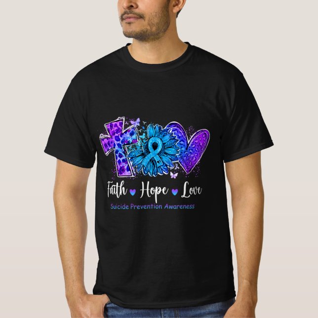 Camiseta Peace Love Cure Teal and Purple Sunflower Suicídio (Frente)