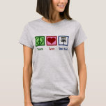 Camiseta Peace Love Disk Golf<br><div class="desc">Um presente de Natal de golfe em disco bonito com um sinal de paz,  coração e cestos de golfe de disco voadores usados por um golfista. Legal campo de golfe de disco.</div>