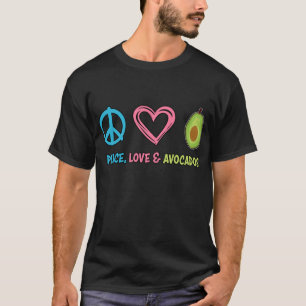 Camiseta Peace Love e Avocados Frutas engraçadas