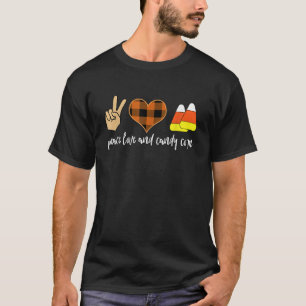 Camiseta Peace Love e Candy Corn Xadrez Hippie Halloween