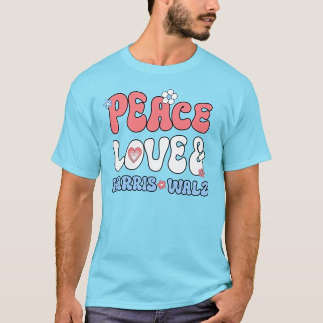 Camiseta Peace Love e Harris Walz Retro Hippie Style (Frente)