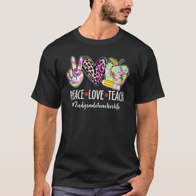 Camiseta Peace Love Ensina Leopard Heart Apple segundo Grad (Frente)