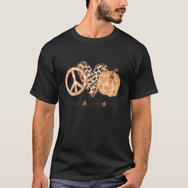 Camiseta Peace Love Fall Pumpkin Xadrez Family Pajama Obrig (Frente)