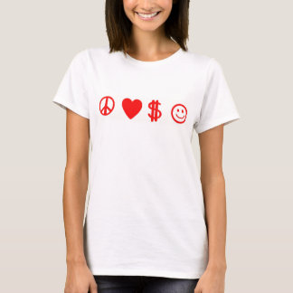 Camiseta PEACE LOVE FELIZ DINHEIRO t-shirt comprida pelas m