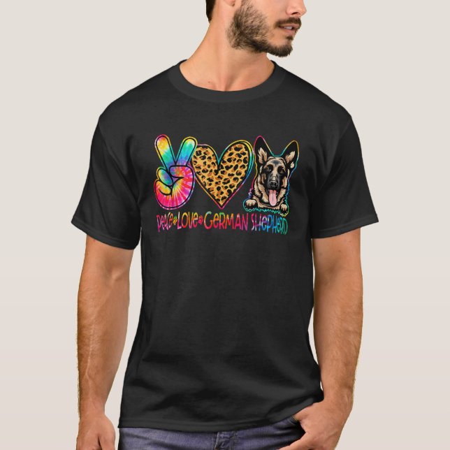 Camiseta Peace Love German Shepherd Tie Dye Dog Lover  (Frente)