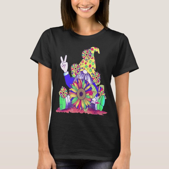 Camiseta Peace Love Gnomo Hippie Gnomes Carnaval Cores Dec (Frente)