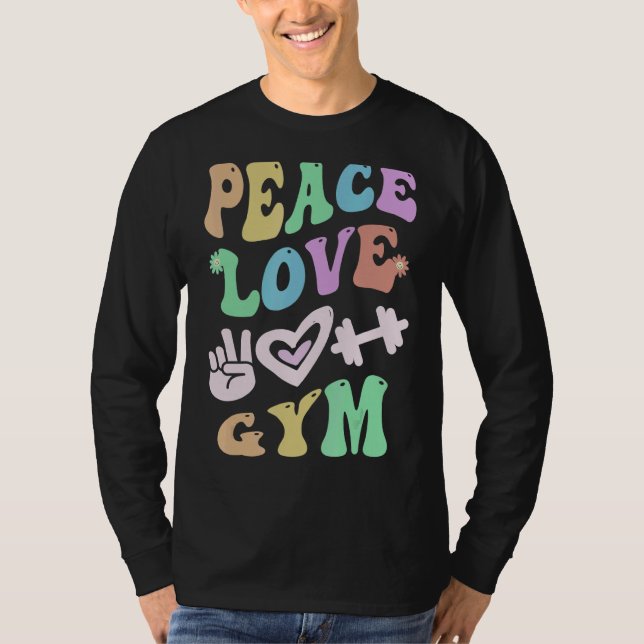 Camiseta PEACE LOVE GYM Retrô PE Professora Groovy School (Frente)