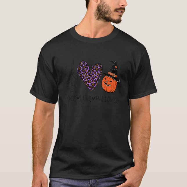 Camiseta Peace Love Halloween Pumpkin Leopard Halloween Cos (Frente)