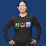 Camiseta Peace Love Hanukkah<br><div class="desc">Um presente de Hanukkah do Peace Love para um judeu que gosta de celebrar Chanukah. Um bonito sinal de paz,  coração,  e uma bela menorah.</div>