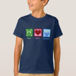 Camiseta Peace Love Hanukkah Cute Blue Kids<br><div class="desc">Camiseta infantil do Peace Love Hanukkah para uma criança judia que gosta de celebrar Chanukah. Um bonito sinal de paz,  coração,  e uma bela menorah.</div>