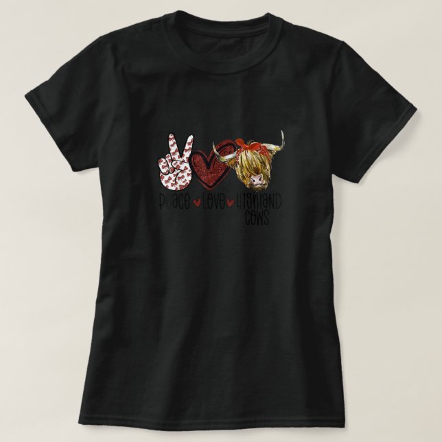 Camiseta Peace Love Highland Cows Bovinos Escoceses Banda (Frente do Design)