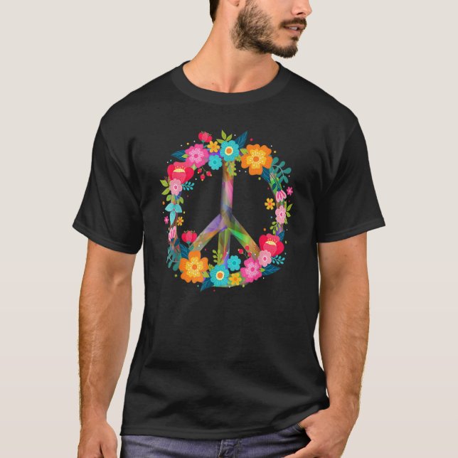 Camiseta Peace Love Hippie Costume Tie Dye 60s 70s Flowers  (Frente)