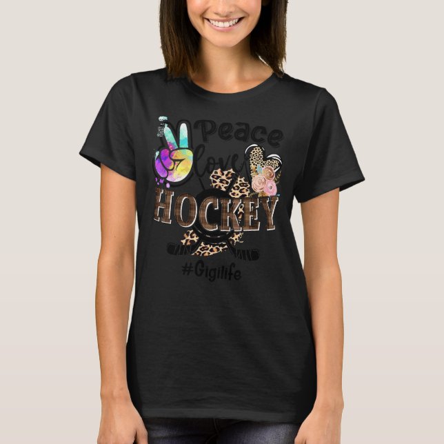 Camiseta Peace Love Hockey Gigi Life Mãe Avó Leopardo (Frente)