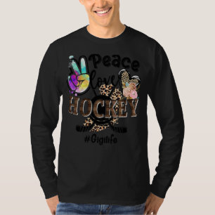 Camiseta Peace Love Hockey Gigi Life Mãe Avó Leopardo