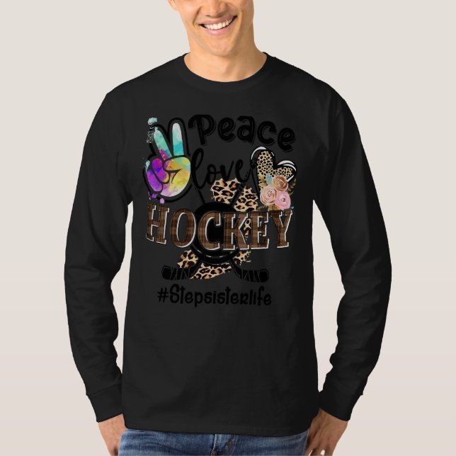 Camiseta Peace Love Hockey Stepirmã Life Mãe Avó Leop (Frente)