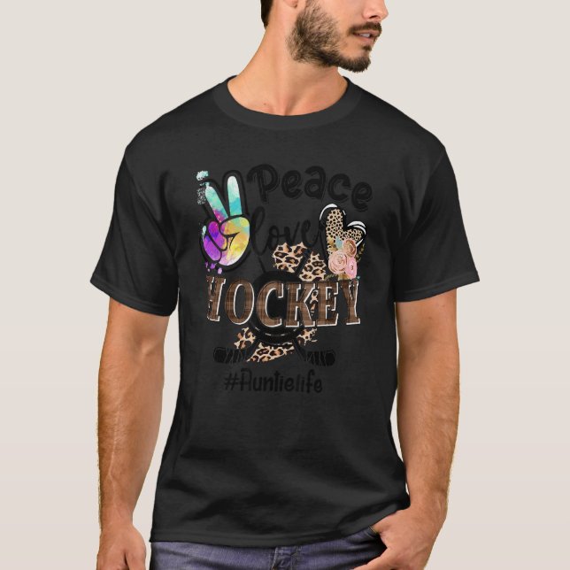 Camiseta Peace Love Hockey Tuntie Life Mãe Avó Leopardo (Frente)