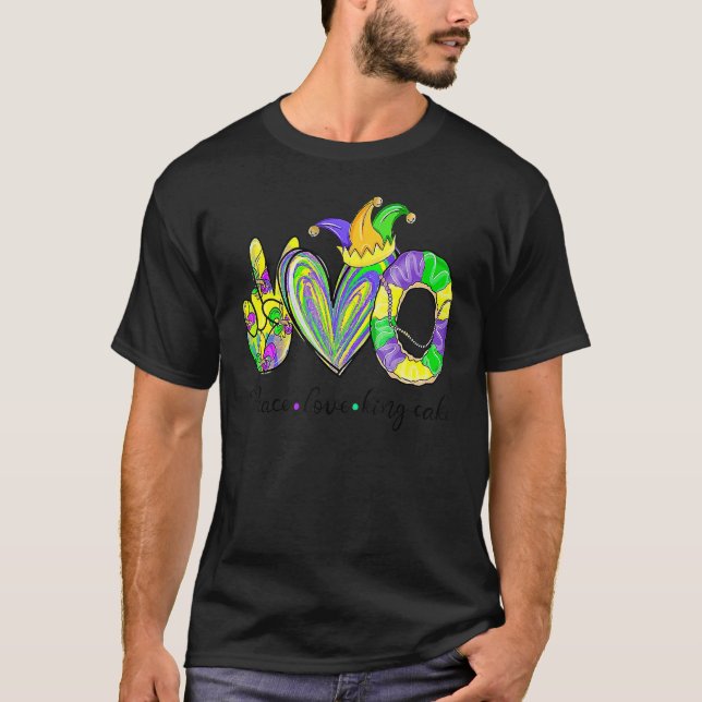 Camiseta Peace Love King Cake Mardi Gras Party Carnaval 1 (Frente)