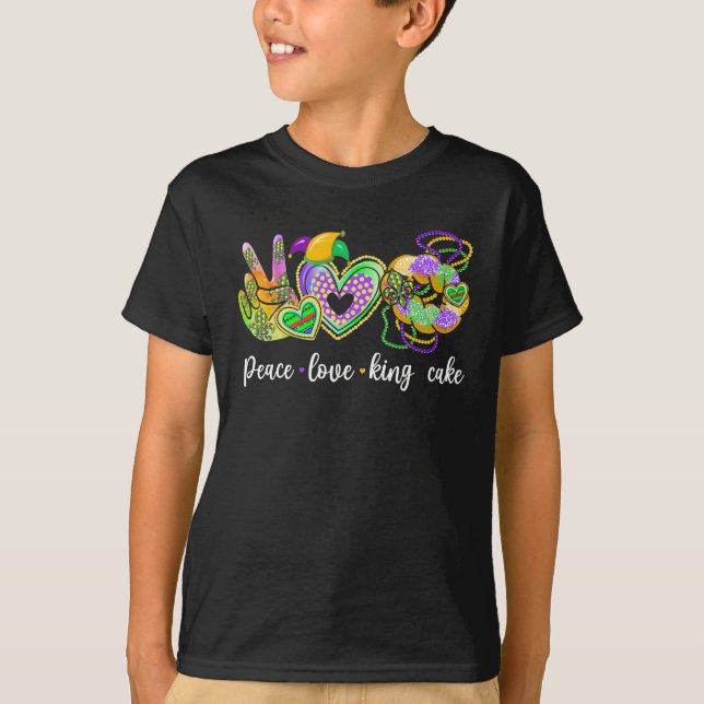 Camiseta Peace Love King Cake Mardi Gras Party New Orleans (Frente)
