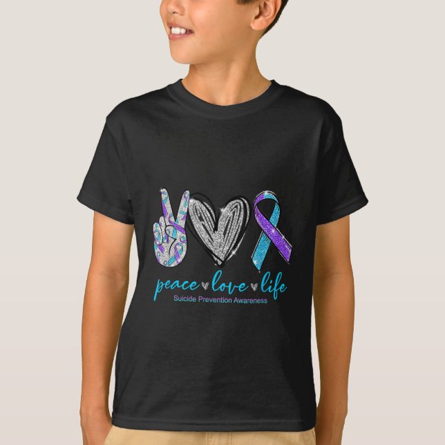 Camiseta Peace Love Life Suicide Prevention Awareness Heart (Frente)