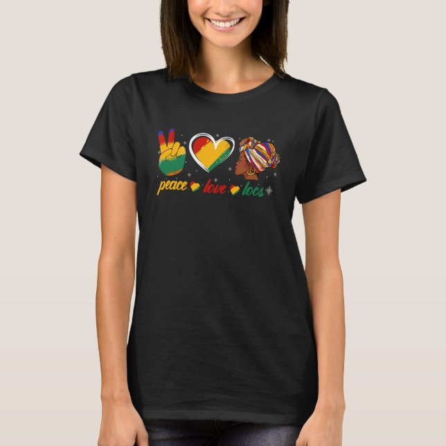 Camiseta Peace Love Locs Black History Month African Woman (Frente)