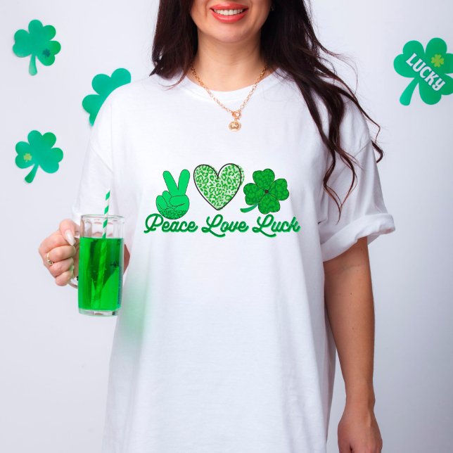 Camiseta Peace Love Luck Dia de São Patrício Lepard Verde (Criador carregado)