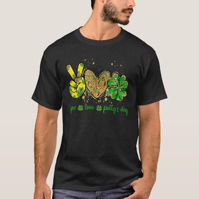 Camiseta Peace Love Lucky Dia de São Patrício Shamrock Lepa (Frente)