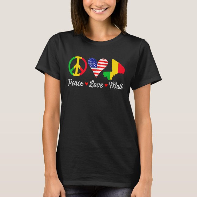 Camiseta Peace Love Mali Flag Map American Patriotic (Frente)