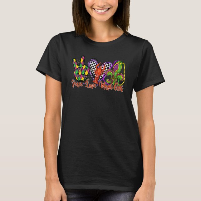 Camiseta Peace Love Mardi Gras Crawfish Heart Checked Festi (Frente)