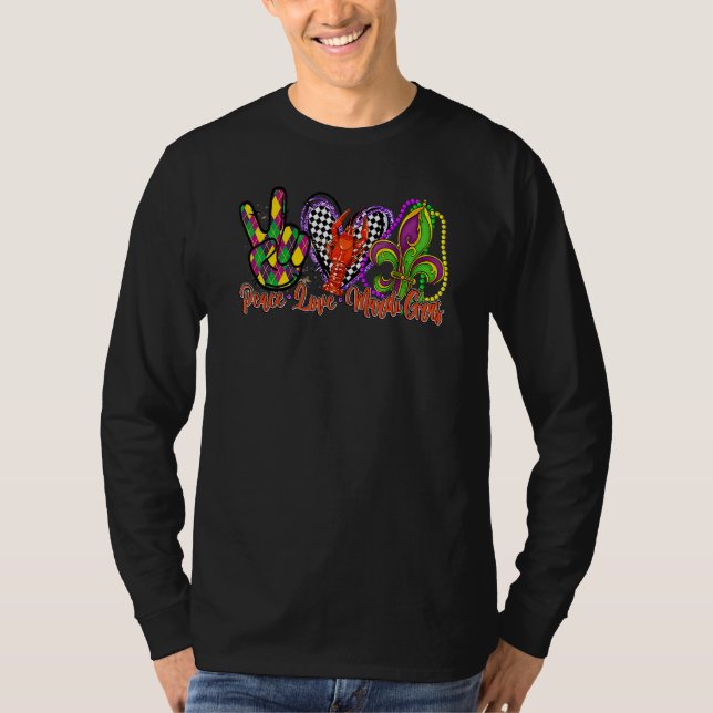 Camiseta Peace Love Mardi Gras Crawfish Heart Checked Festi (Frente)