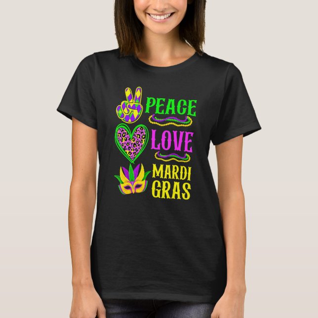 Camiseta Peace Love Mardi Gras Leopard Funny Festival Carni (Frente)