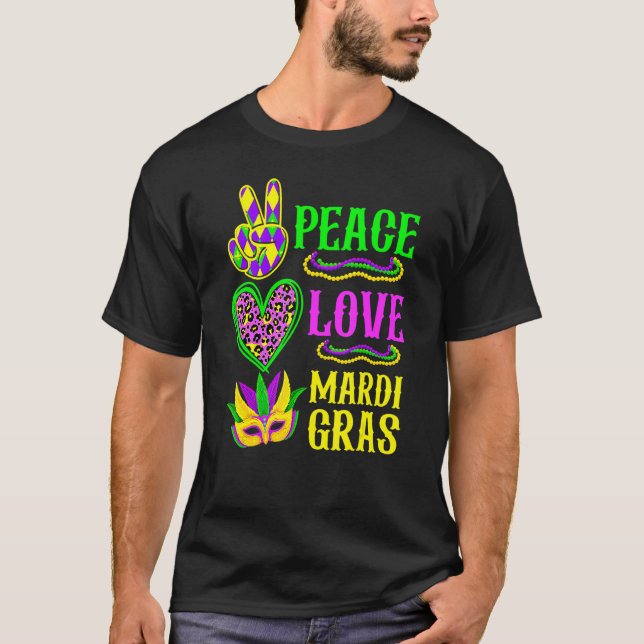 Camiseta Peace Love Mardi Gras Leopard Funny Festival Carni (Frente)