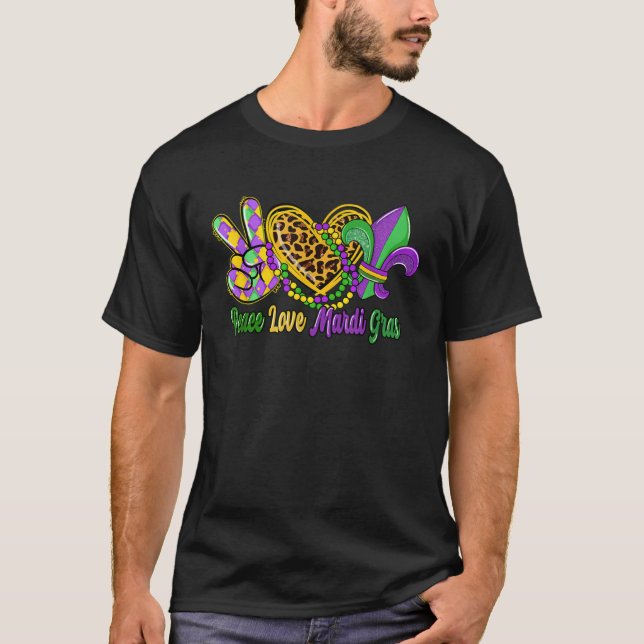 Camiseta Peace Love Mardi Gras Leopard Heart Mardi Gras Cro (Frente)
