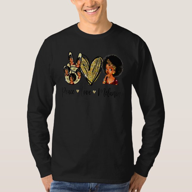 Camiseta Peace Love Melanin Pride With Hand Heart And Black (Frente)