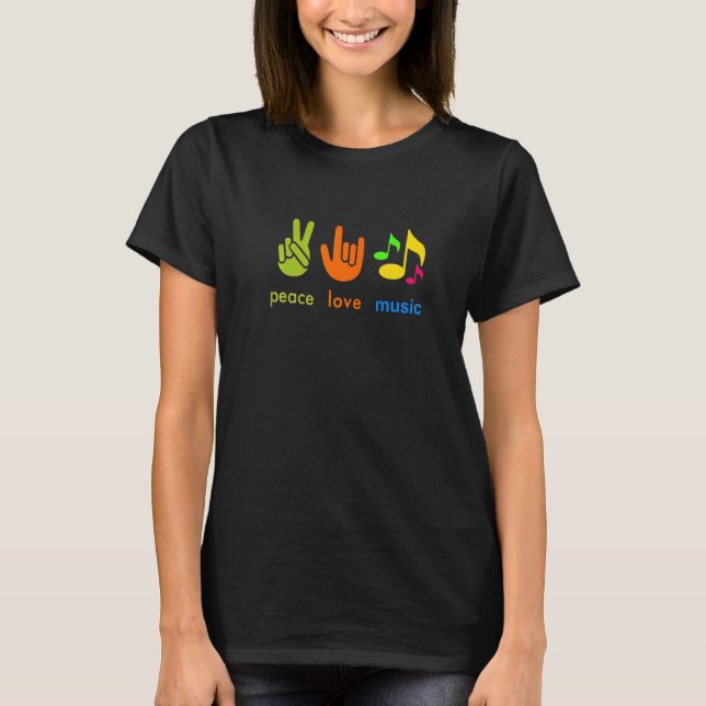 Camiseta Peace Love Music Fingers Sinal Professor de Música (Frente)