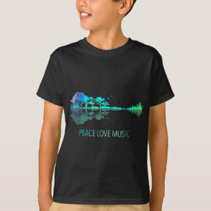Camiseta Peace Love Music Guitar Lake Shadow Hippie Musicia
