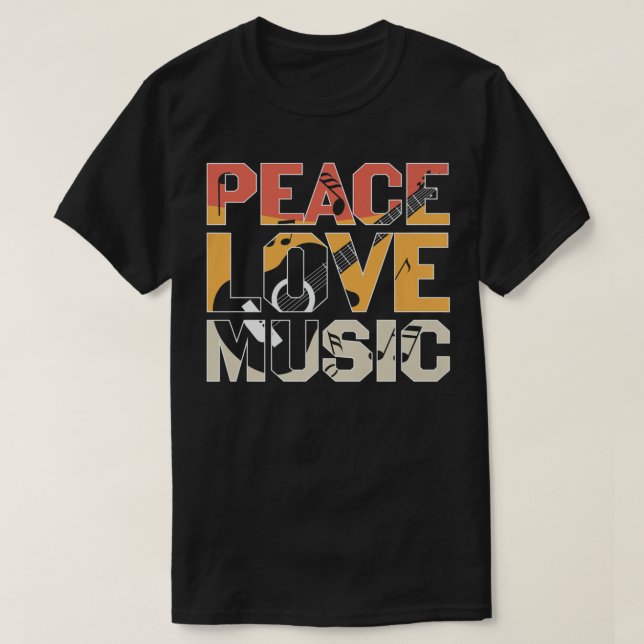 Camiseta Peace Love Music Guitar Player Premium (Frente do Design)