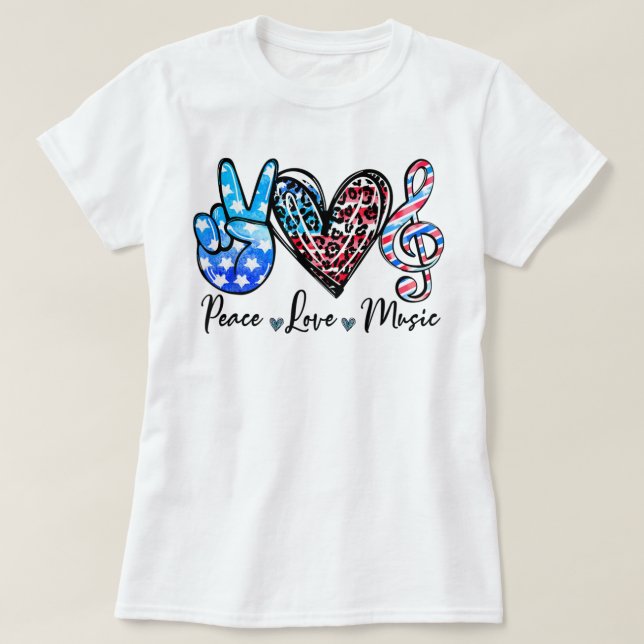 Camiseta Peace Love Music US Flag 4 De Julho Professor De M (Frente do Design)